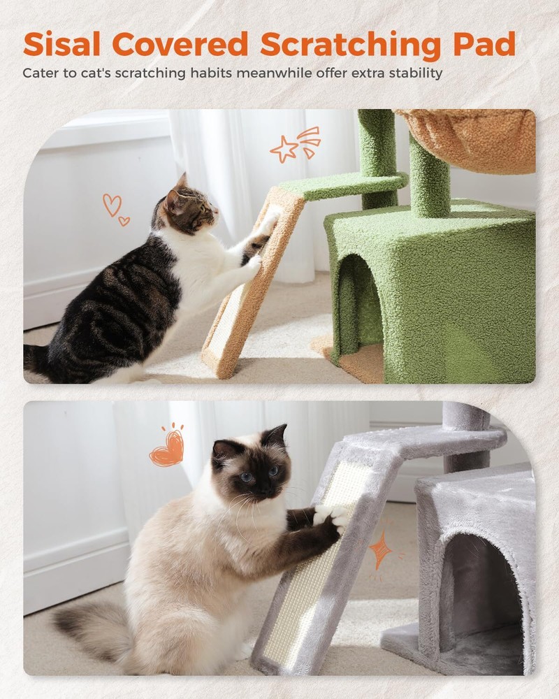 Small Cat Tree 32'' with Scratching Ramp Hammock and Top Bed Perch Grey