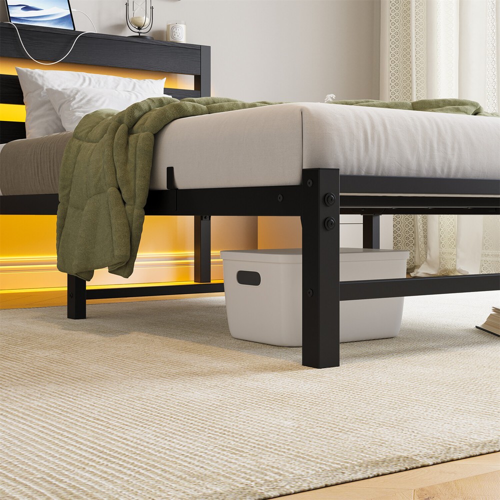 Twin Size Bed Frame Metal Platform Bed with LED Light & Charging Station