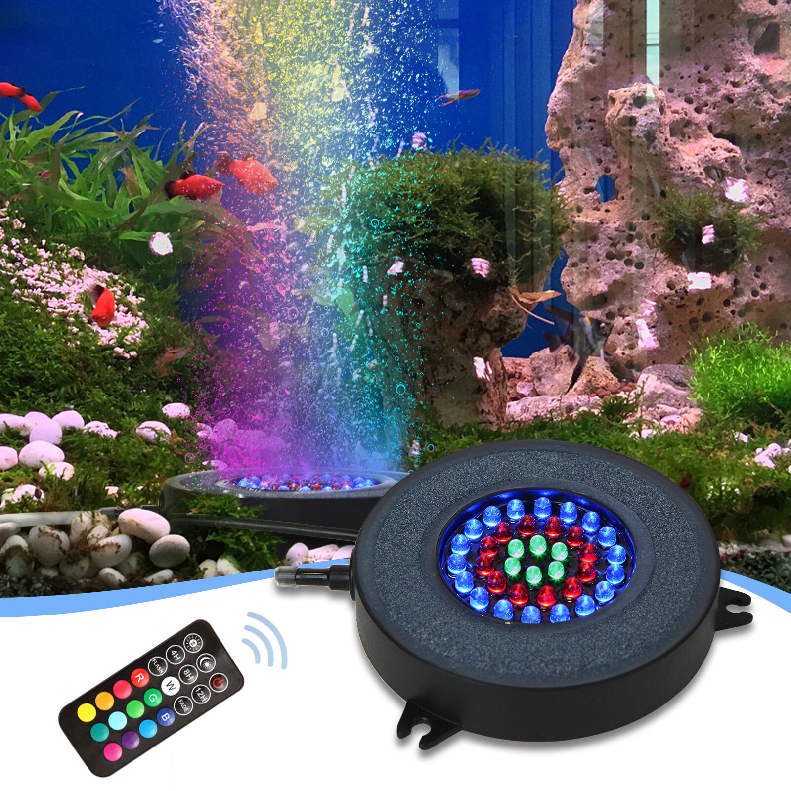 Air Stone Disk Aquarium Bubble LED Light 13 Color Changing Fish Tank Lights Lamp