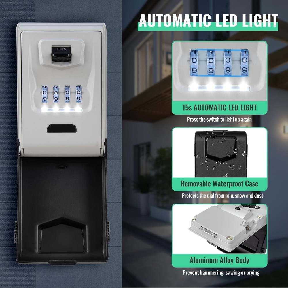 Key Lock Box for Outside with Light Up Dials - Sturdy Waterproof Combination ...