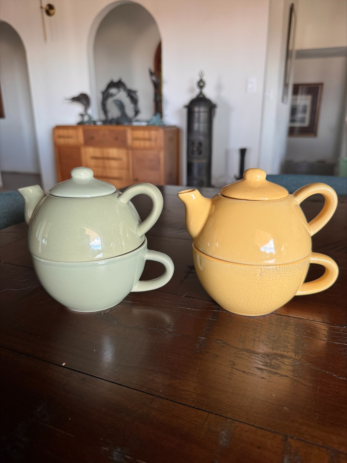 Pier 1 Teapot Mug Set Stackable Tea For One Yellow Green Crackle Glaze China Set