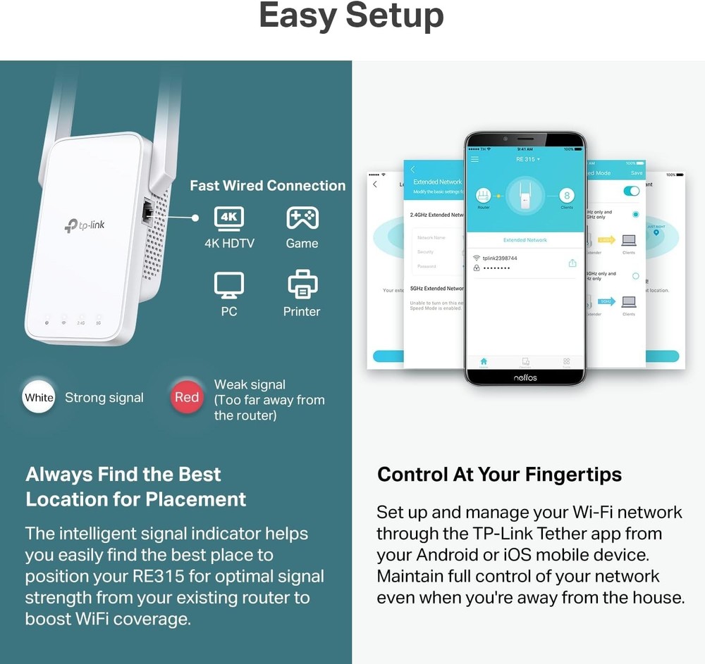 AC1200 WiFi Range Extender - EasyMesh Compatible with Up to 1500 Sq.ft Coverage