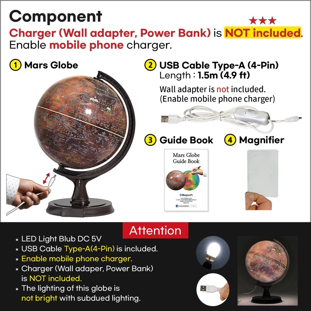 Mapsoft Prime Illuminated Red Mars Globe, 30cm/12", RI-30, Map, Atlas, Led