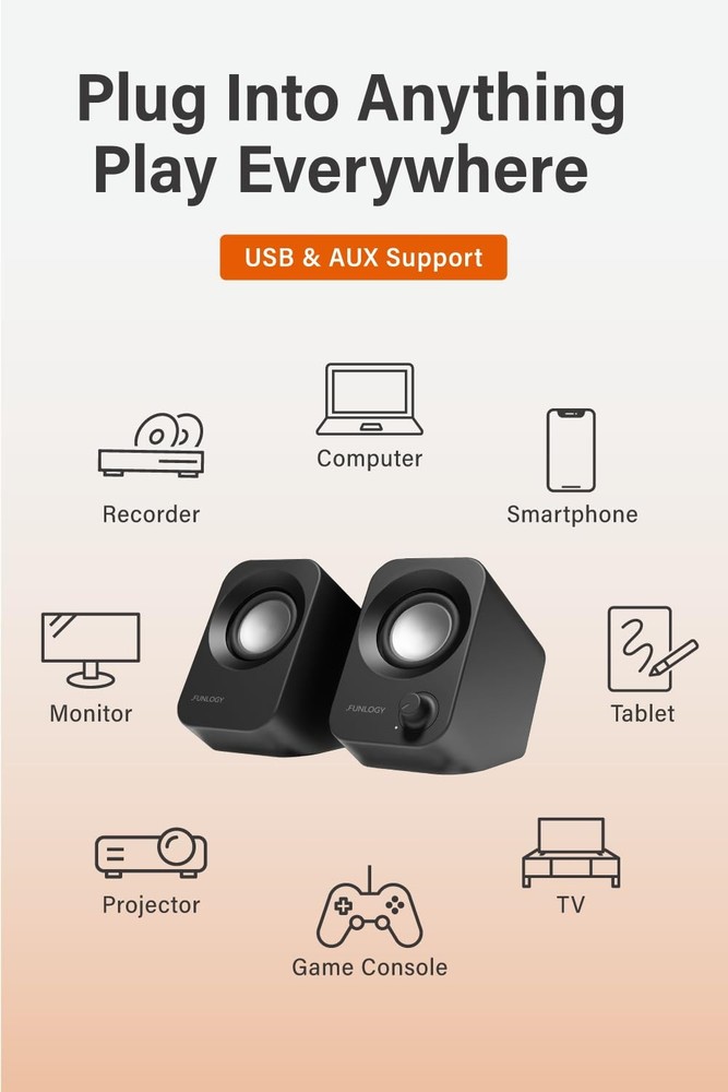 FUNLOGY Speaker - 14W Stereo PC Speakers, USB Powered, Compact Size with 30° ...