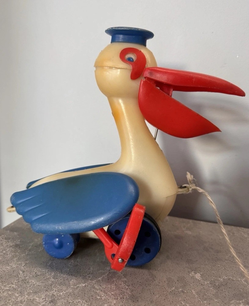 Vintage USSR Pull Toy Pelican Soviet Plastic Action Toy