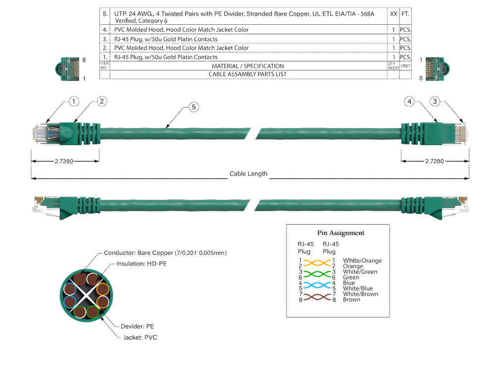 20ft Cat6 UTP Ethernet Network Patch Cable Snagless 24AWG Bare Copper, Green