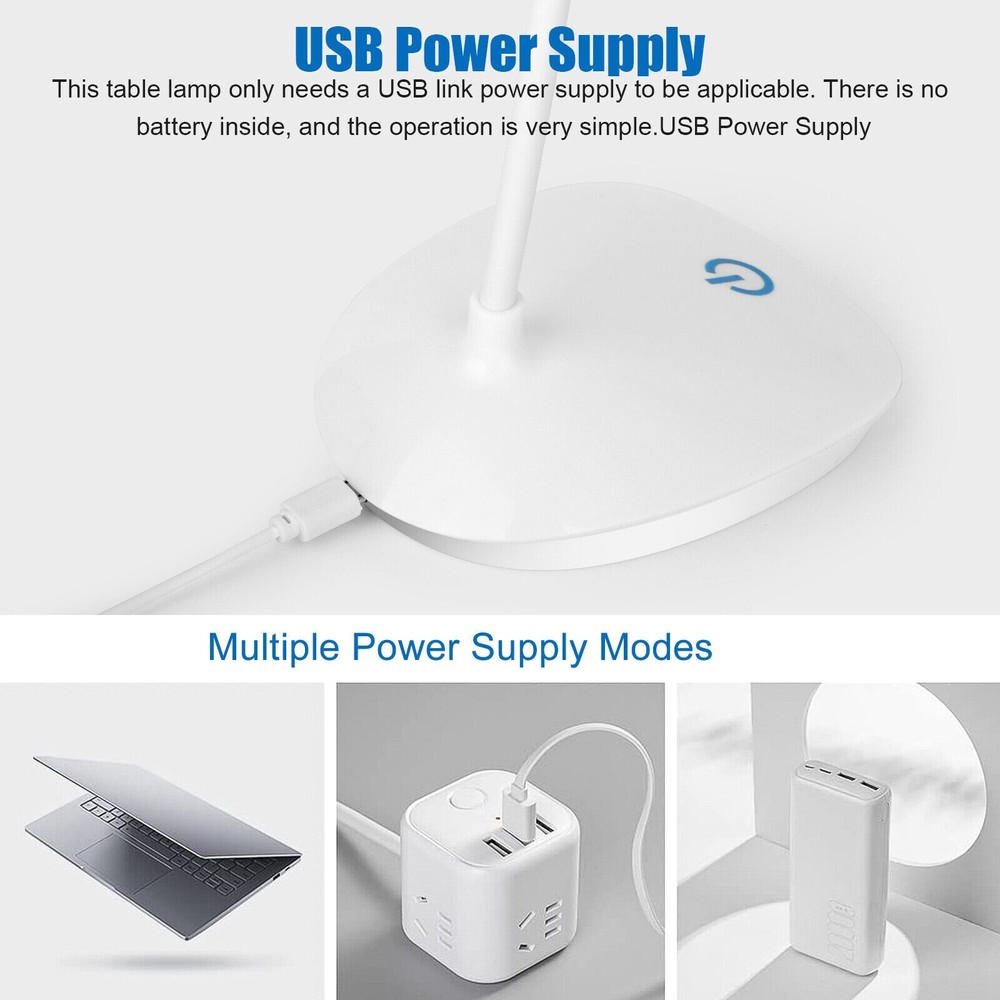 USB LED Desk Light Dimmable Bedside Reading Lamp Rechargeable Touch Control US