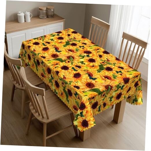 Watercolor Sunflowers Rectangular Tablecloth Butterfly Flying Among Yellow