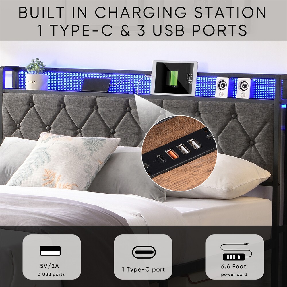 Full Size LED Bed Frame w/ Headboard and USB Port Upholstered Platform Bed Frame