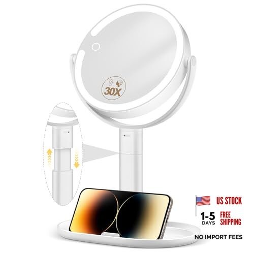 Makeup Mirror with Lights, 30X Magnifying & Height Adjustable, Lighted Withe