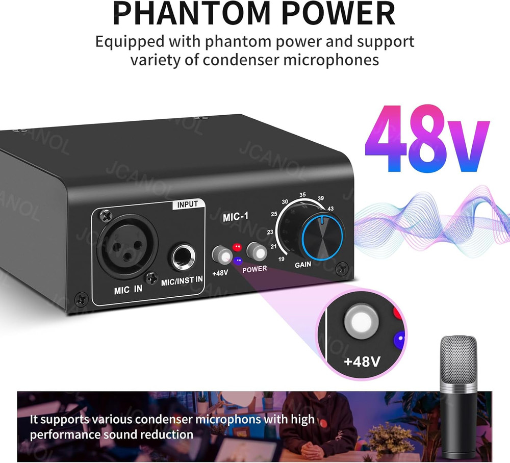 MIC-1 Microphone Preamp Mic Gain Booster with 2 Input Max 75Db Gain 48V Phantom