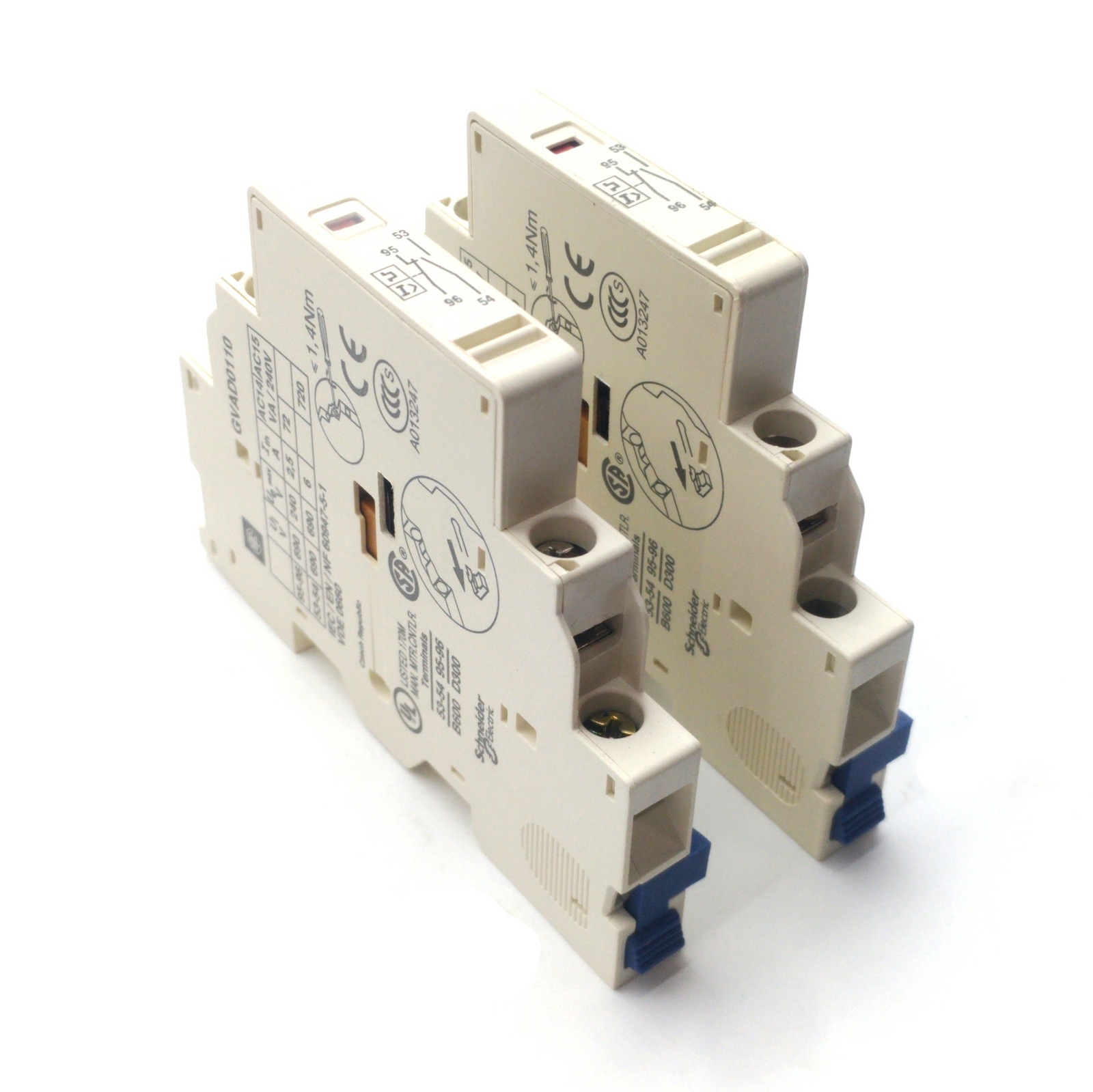 Lot of 2 Schneider Electric GVAD0110 Auxiliary Contact, 2-Pole NO/NC, 690VAC 6A