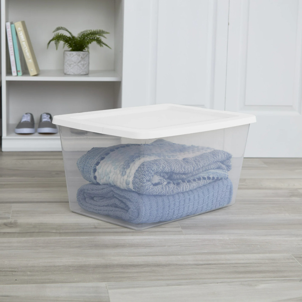 58 Qt Storage Box 8 Pack Clear Plastic Bin, White Snap Lid Stackable