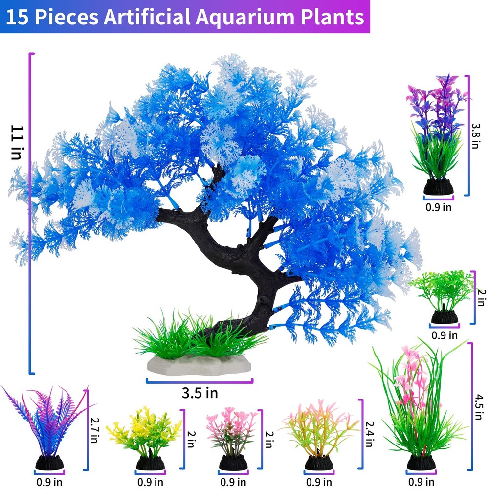 Fish Tank Decorations, 15 Pack Artificial Aquarium Plants Tree Set for Fish T...