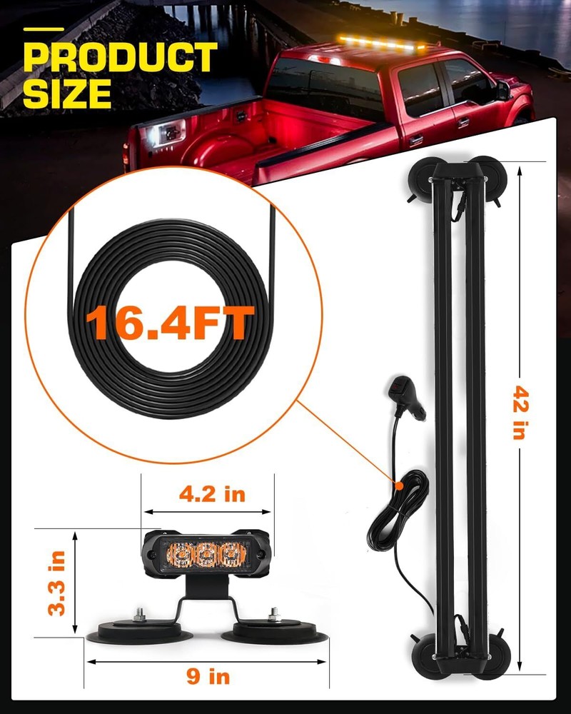 206 LED Emergency Strobe Light Bar Double Side Warning Rooftop Light Amber/White