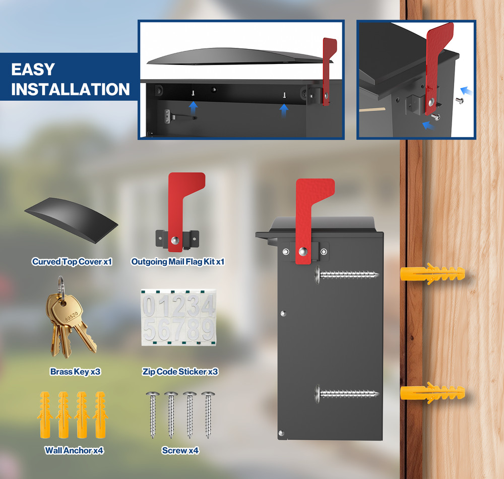 Rainproof Wall Mount Mailbox for Outside, Locking Mailbox w/ Outgoing Flag,Black