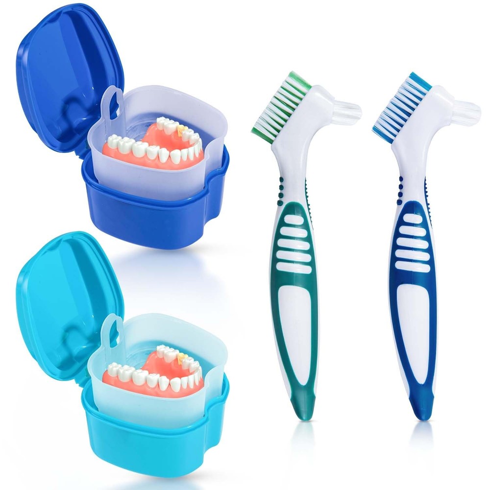 KISEER 2 Pack Denture Bath Case Cup Box 4 Piece Set, Light Blue and