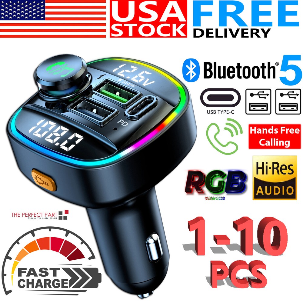 Bluetooth 5.0 Wireless FM Transmitter Car Adapter USB PD Charger AUX Hands LOT