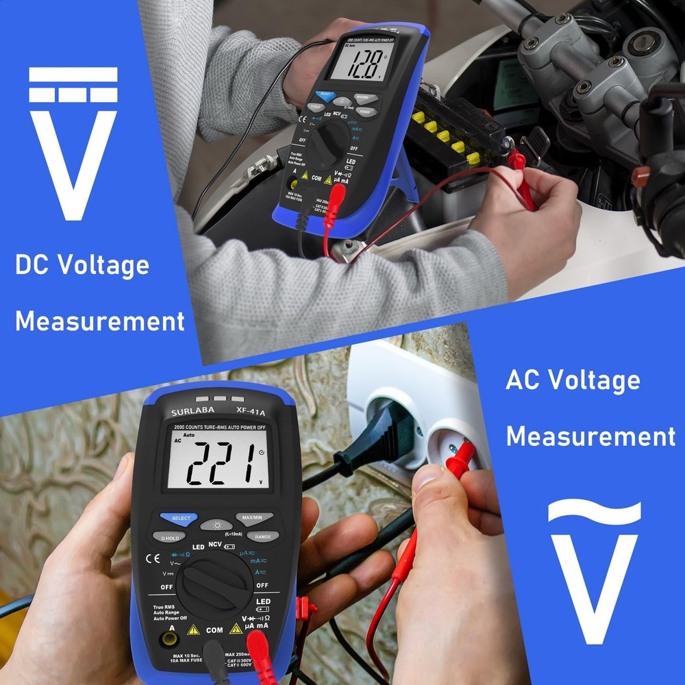 SURLABA Digital Multimeter, DC/AC Current Voltage Tester, 41A-B, Blue