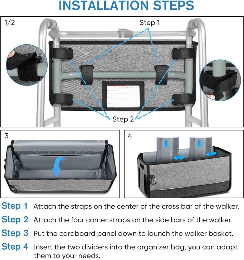 Large Capacity Walker Basket for Folding Walkers, Foldable Walker Storage Bag
