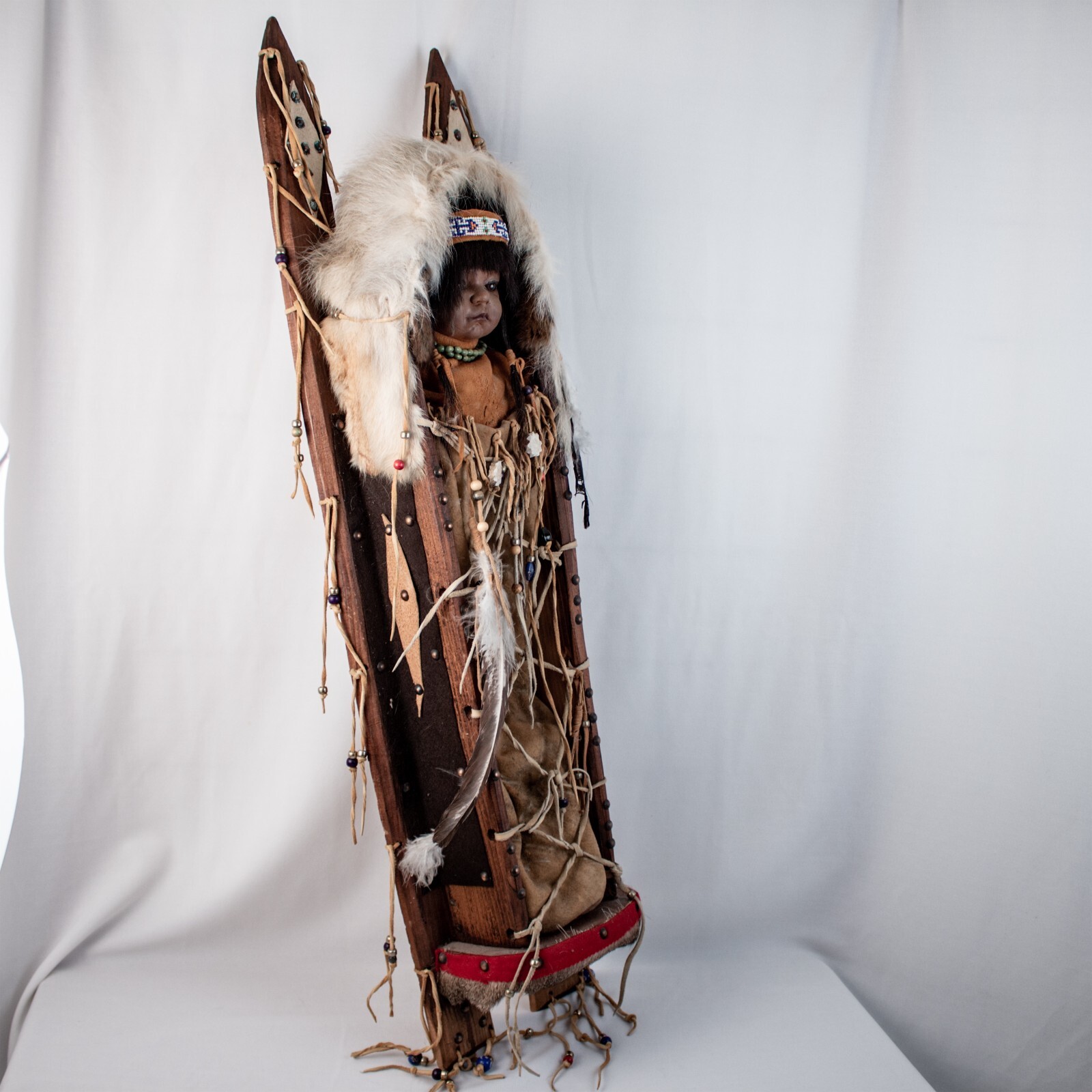 Vintage 1960's ALASKA Handcraft Eskimo Papoose Doll Cradle Large 39"L x 9.5"W