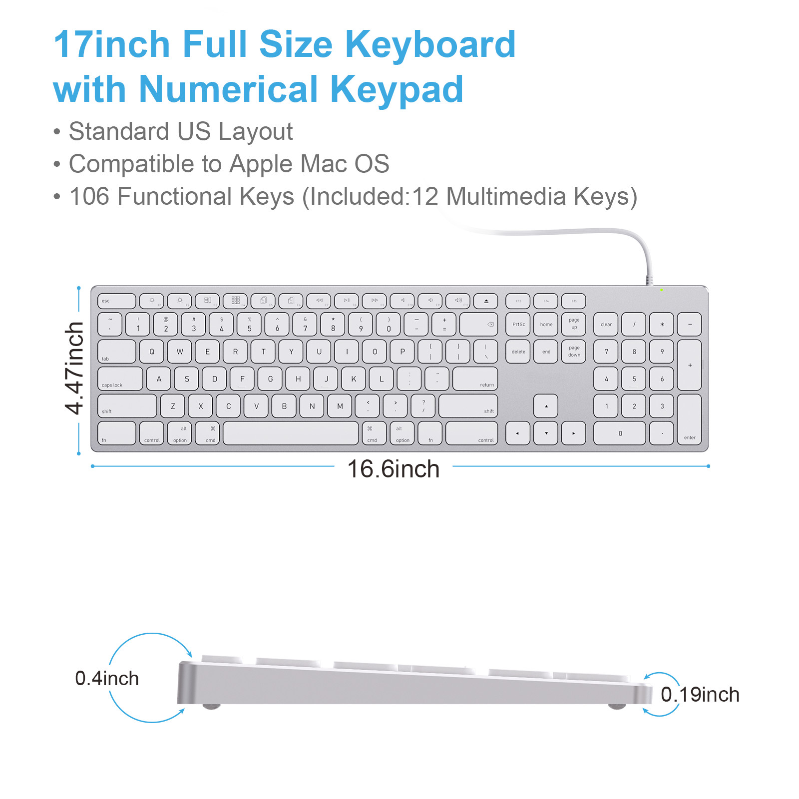 Aluminum Wired Keyboard for Mac OS Devices with Numeric Keypad for Apple iMac