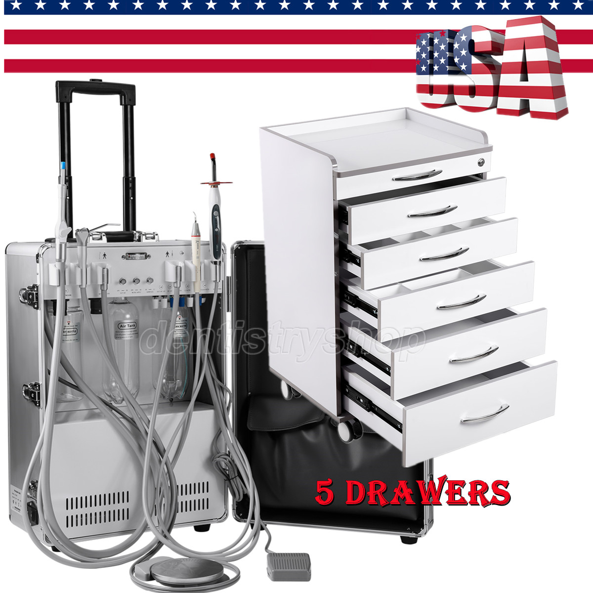 Mobile Dental Delivery Unit Compressor Strong Suction/5 Drawers Storage Cabinet
