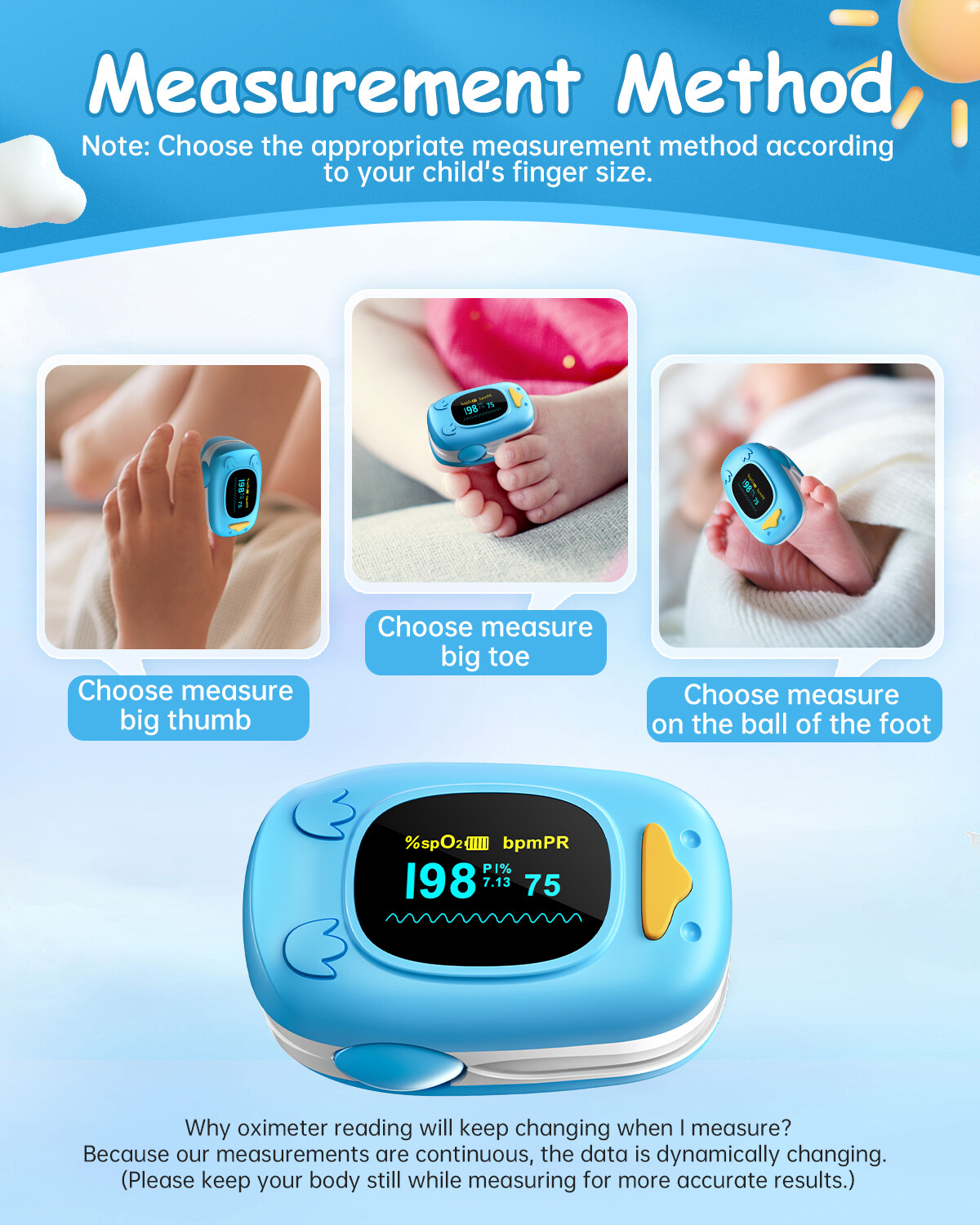 Baby Kids Finger Pulse Oximeter Pediatric SpO2 PR for Neonatal Children 1-12Year