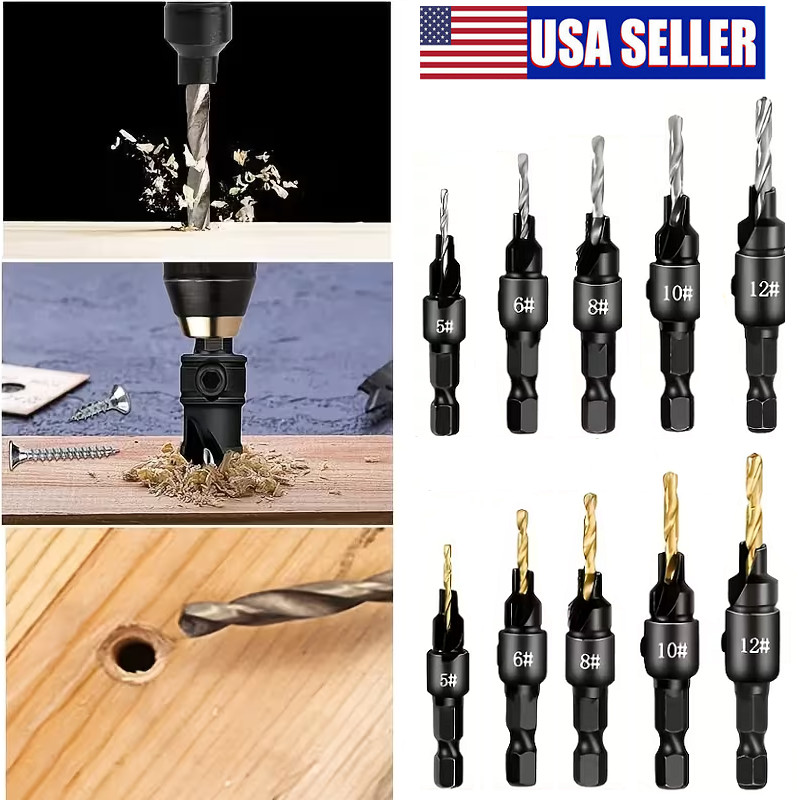 5Pcs Countersink Drill Bit Set Woodworking HSS Chamfer Drill Bit 1/4" Hex Shank