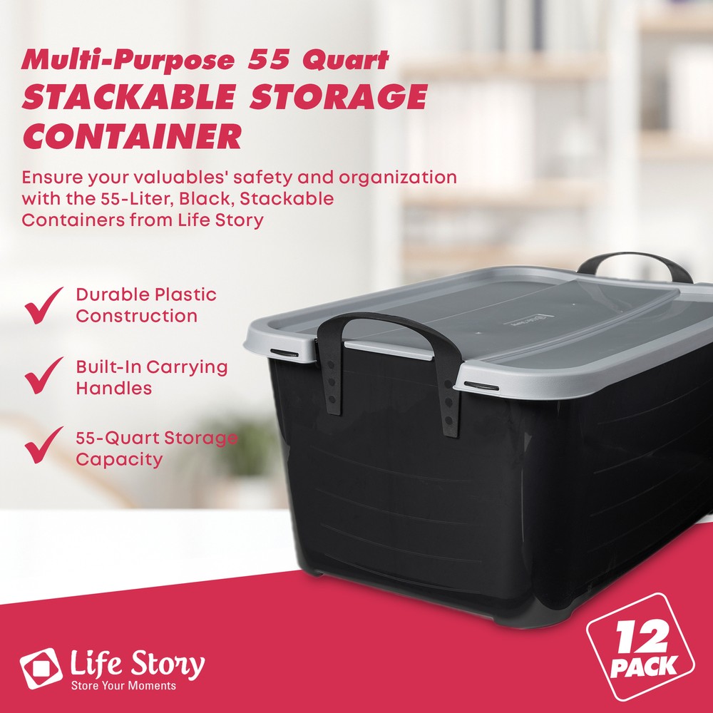 Life Story 55 Qt Stackable Home Organization Lidded Storage Container, (12 Pack)