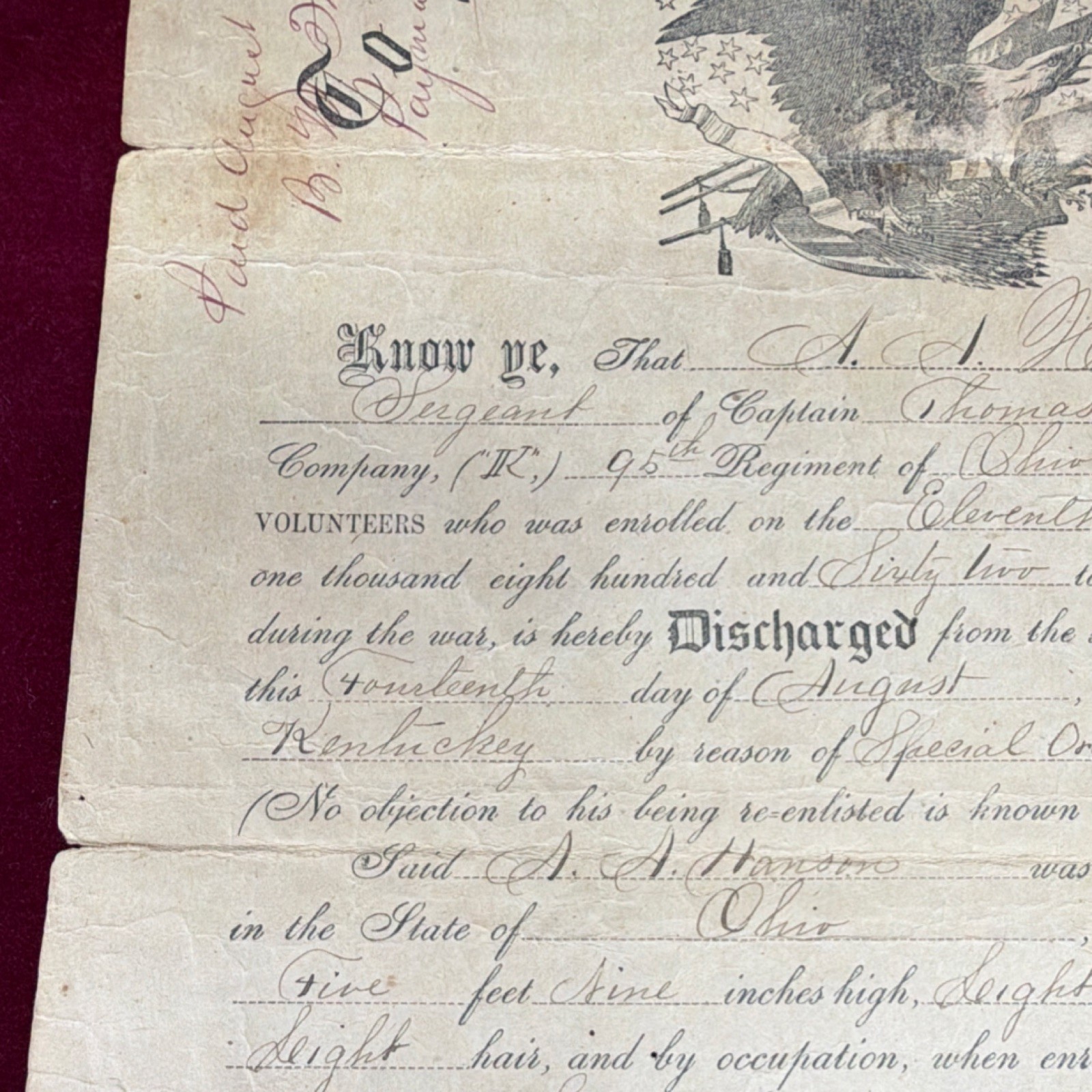 United States Military Discharge Paper Silver War Era Dated August 1865