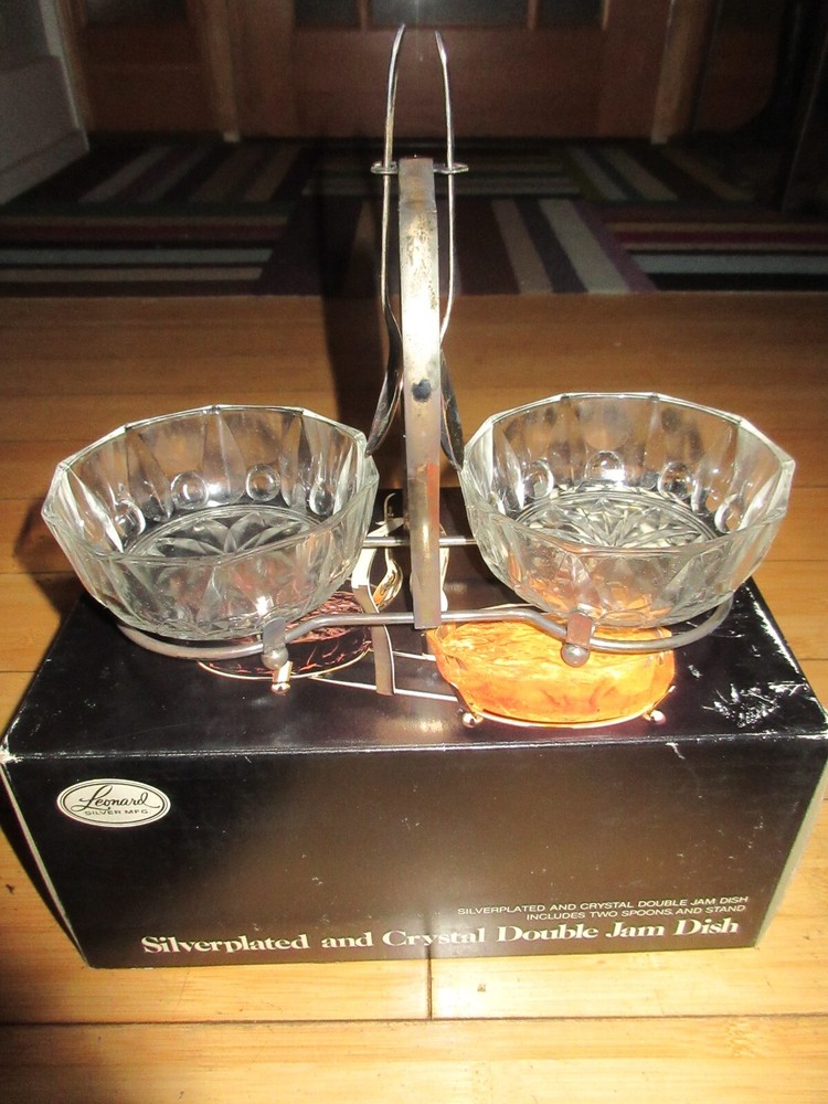 Vintage Leonard Silver MFG Silverplated & Crystal double jam dish w/ spoons #890