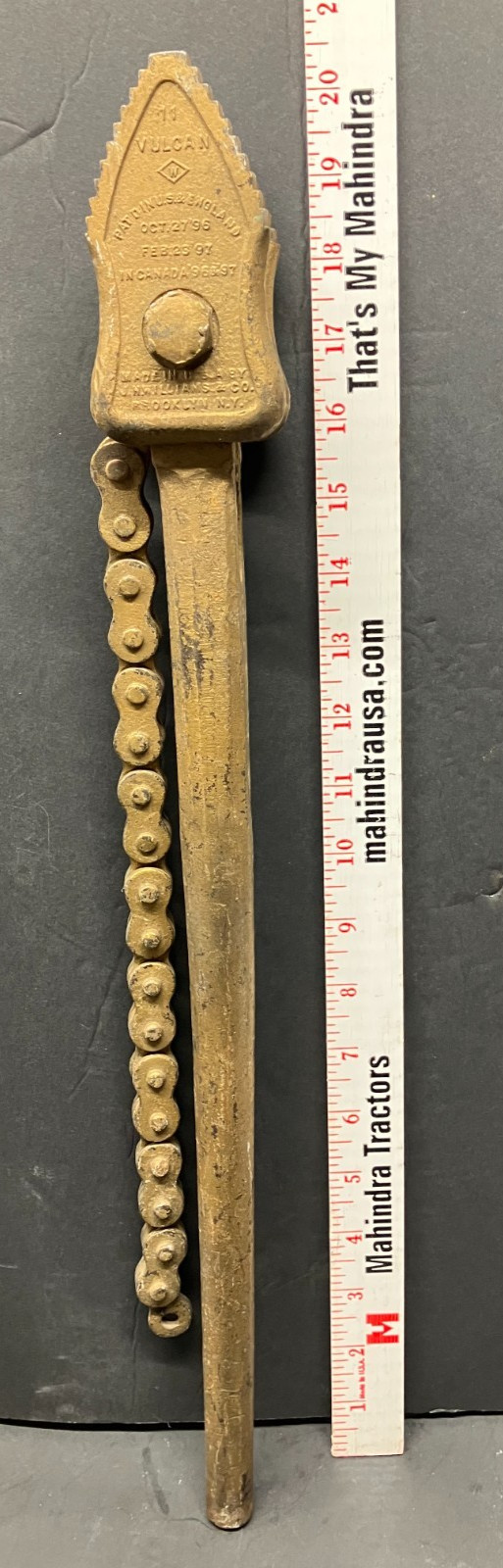 Antique 20-1/2" Vulcan No 11 Chain Pipe Wrench J.H.Williams & Co USA Pat 1896-97