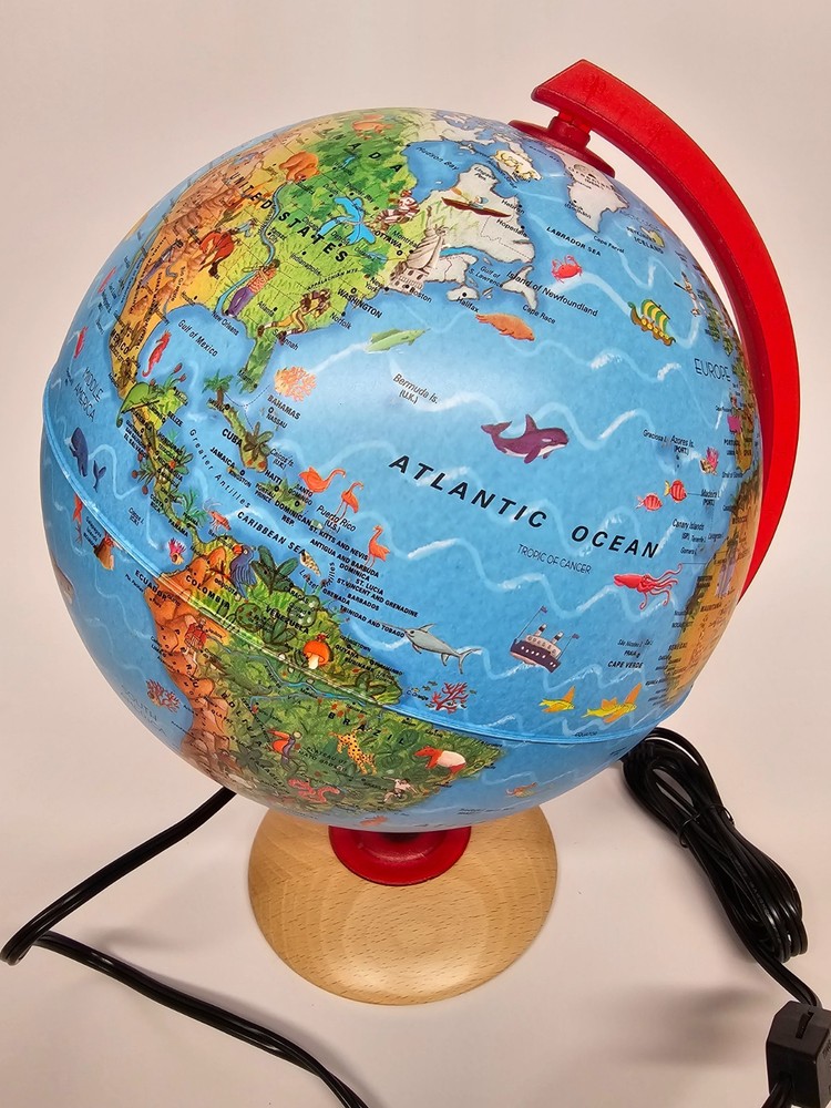 Illuminated Tabletop Globe with Color-Coded Topography and Sturdy Wooden Base