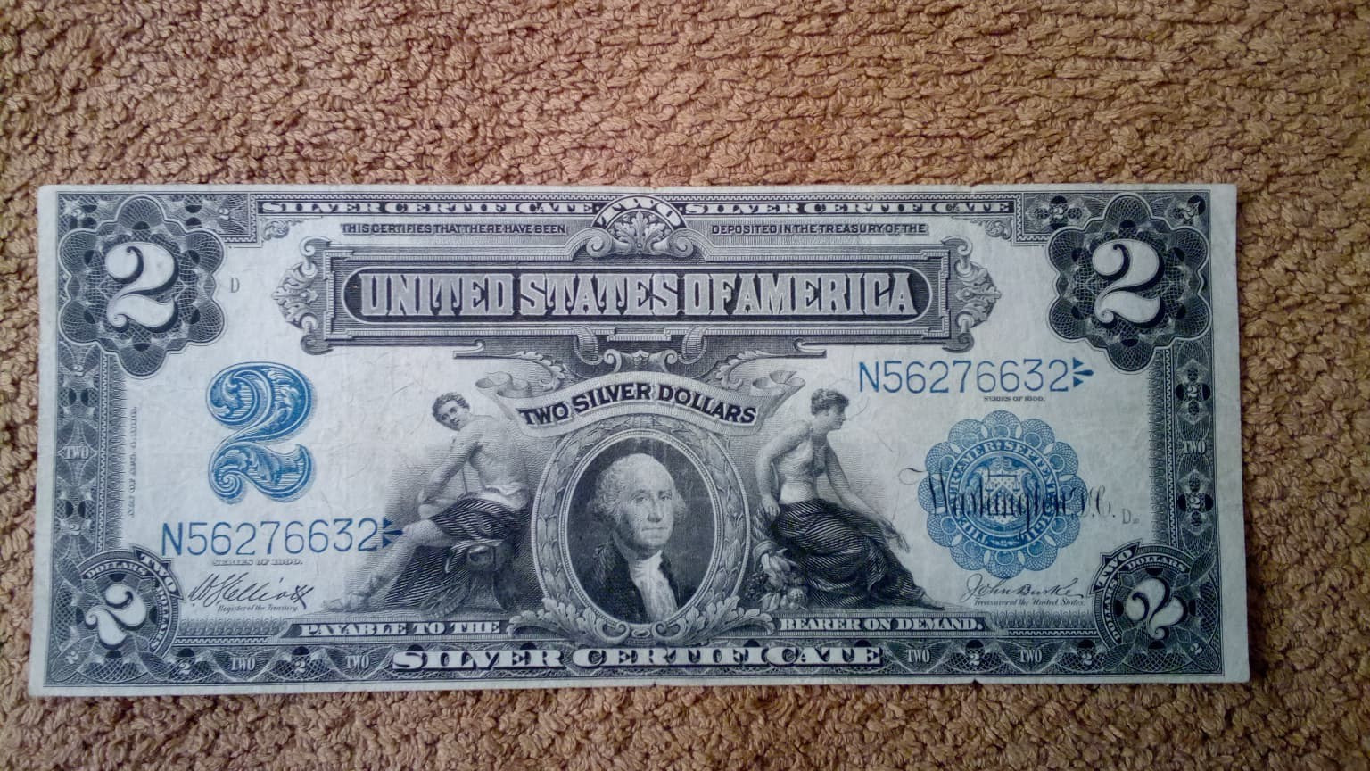 1899 $2 TWO DOLLAR SILVER CERTIFICATE NOTE (NICKNAME OF MINI PORTHOLE), VF+/VF++