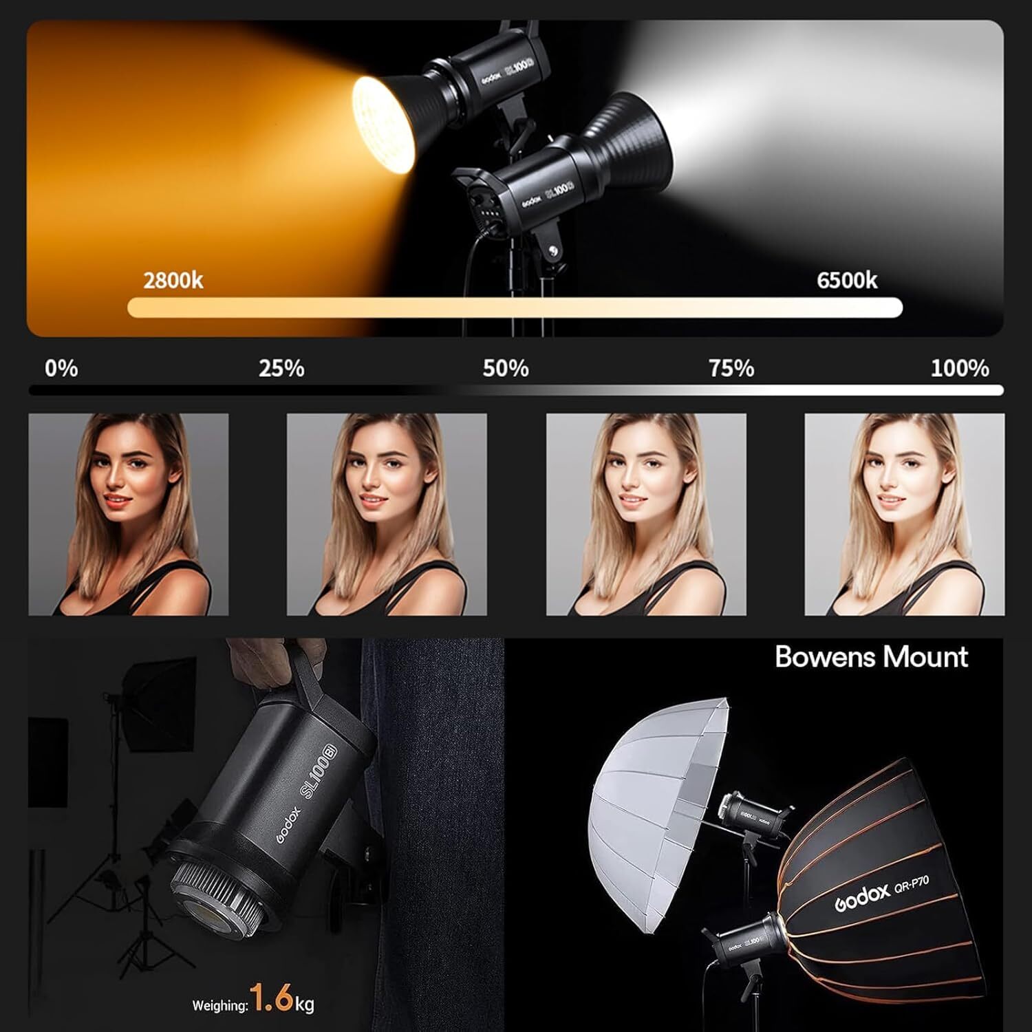 GODOX SL100Bi 100W Bi-Color LED Video Light Bowens Mount LED Continuous Lighting