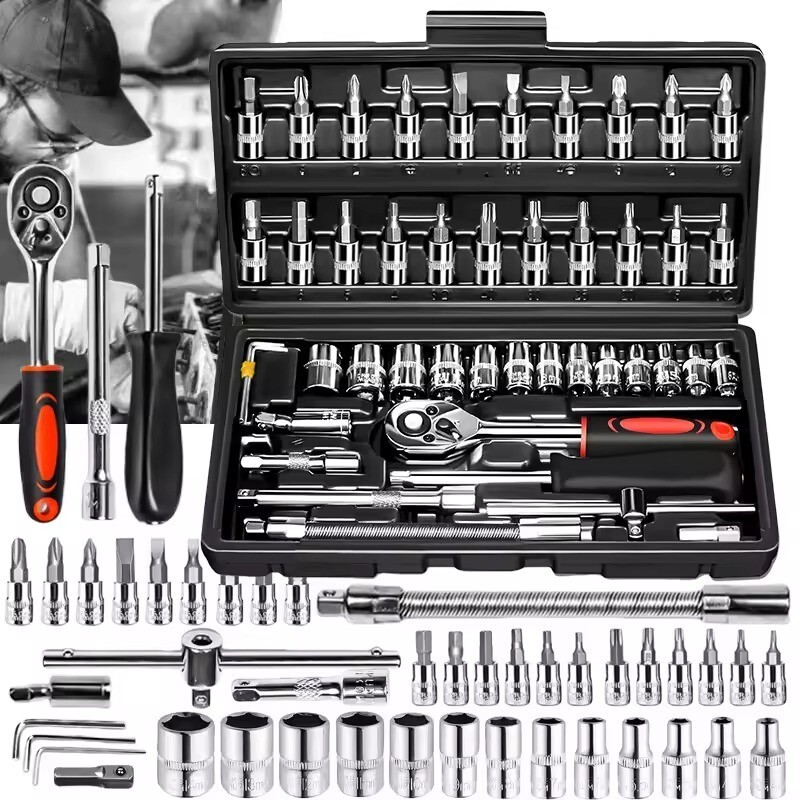 46pcs 1/4"Drive Socket Set Ratchet Wrench Set Car Tool Kit,Bit Mechanic Tool Set