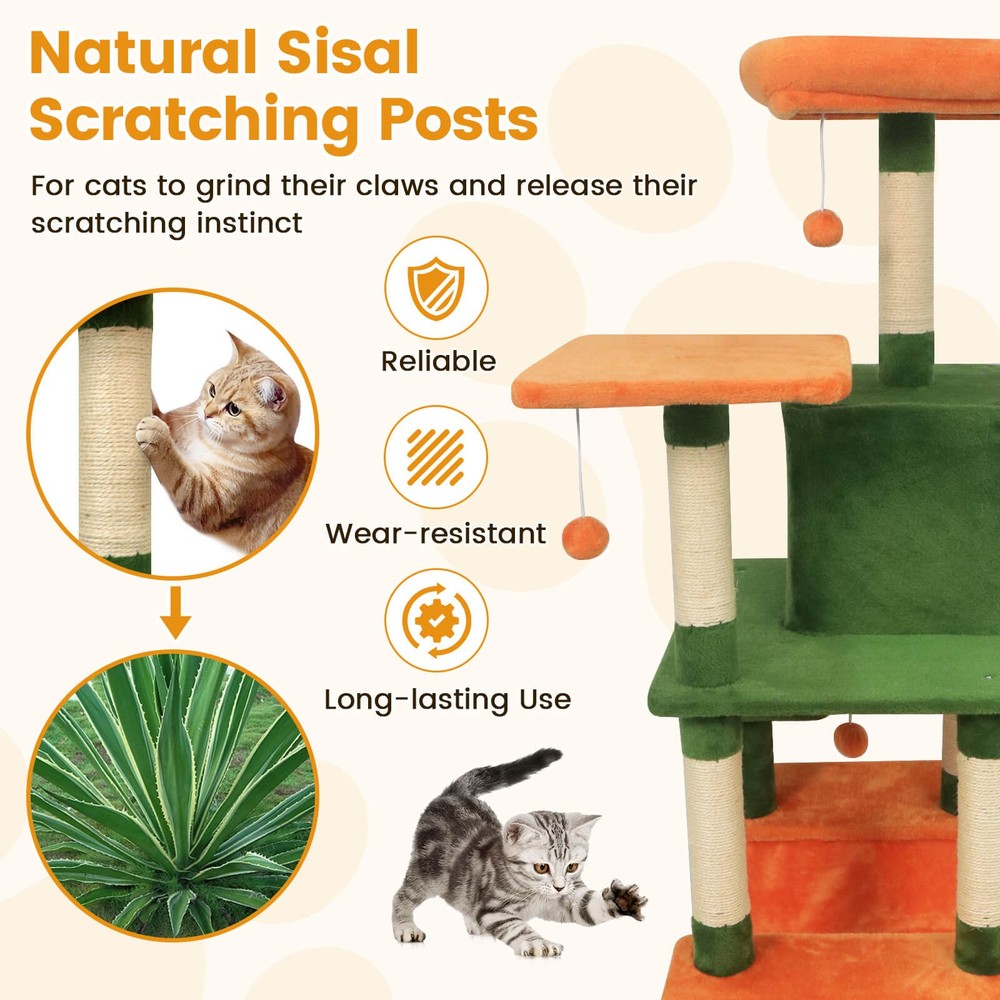 58” Tall Multi-level Cat Tree w/Upholstered Perch & Cat Condo, Comfy Hammock