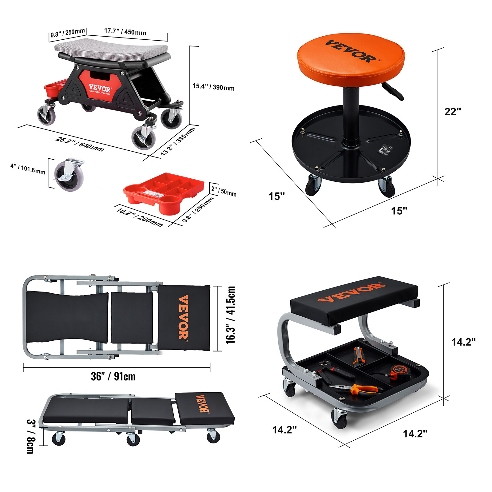 VEVOR Mechanic Stool Creeper Seat 300/250lb Rolling Shop Stool with Tool Trays