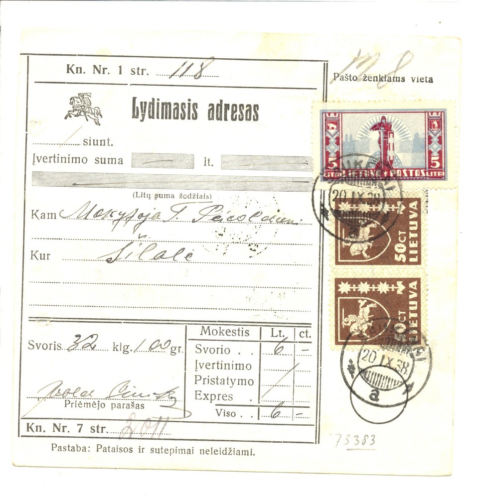 LITHUANIA 1938 PARCEL CARD - F/VF