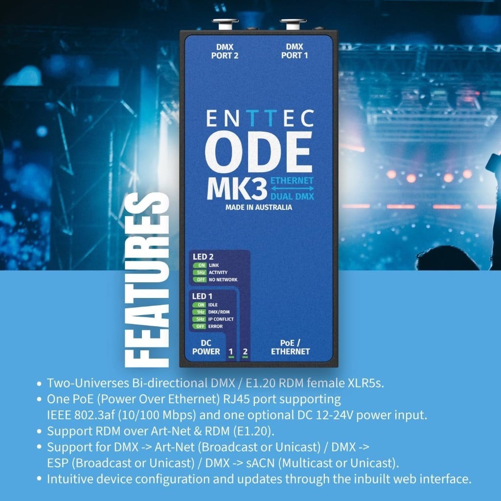 ENTTEC ODE Mk3 70407 POE 2 Universe DMX / RDM Ethernet Controller (Open Box)