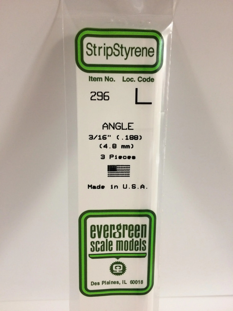 Evergreen Scale Models 296 Styrene Angle 3/16" (3 Pack)