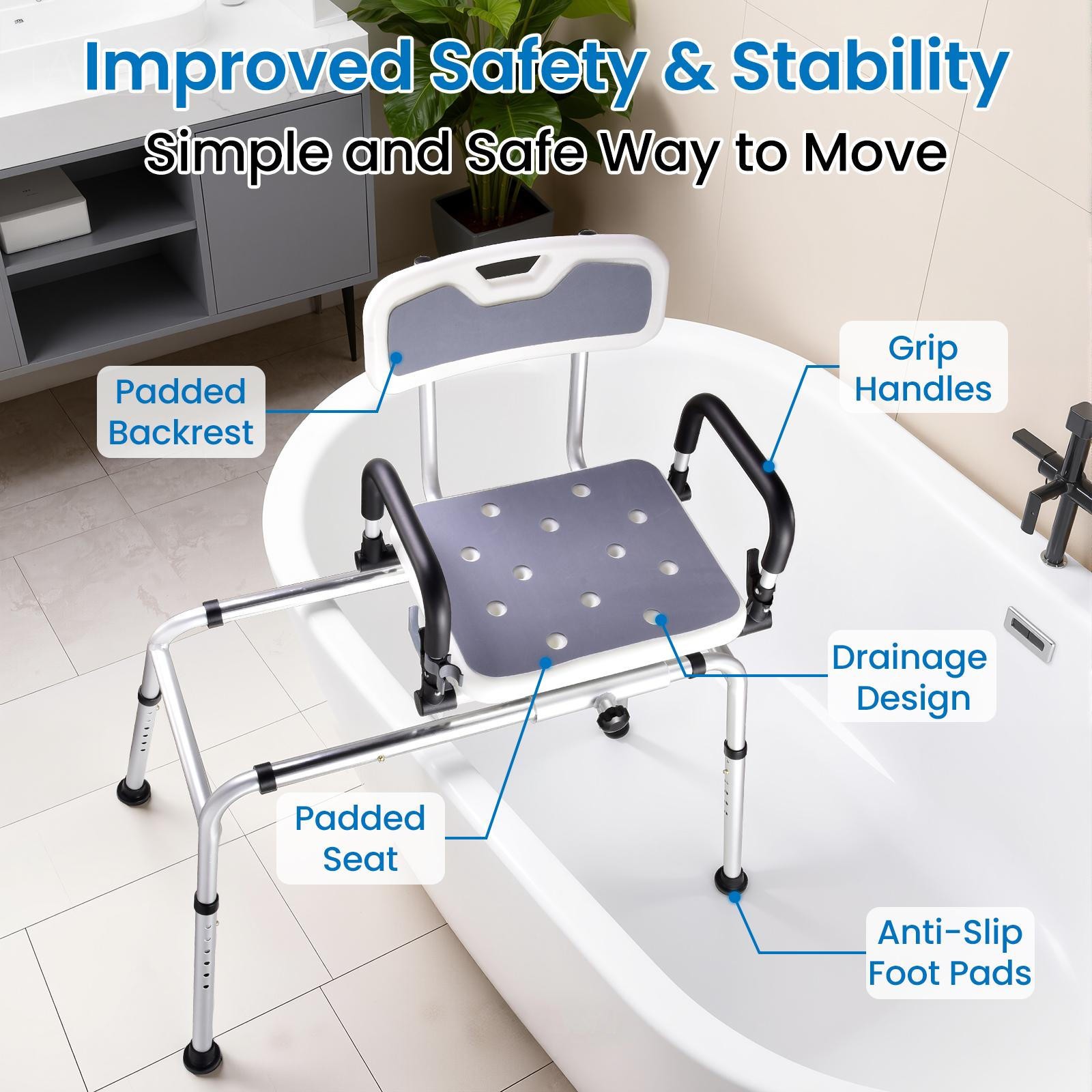 Sliding Tub Transfer Bench Shower Chair with 360° Swivel Seat