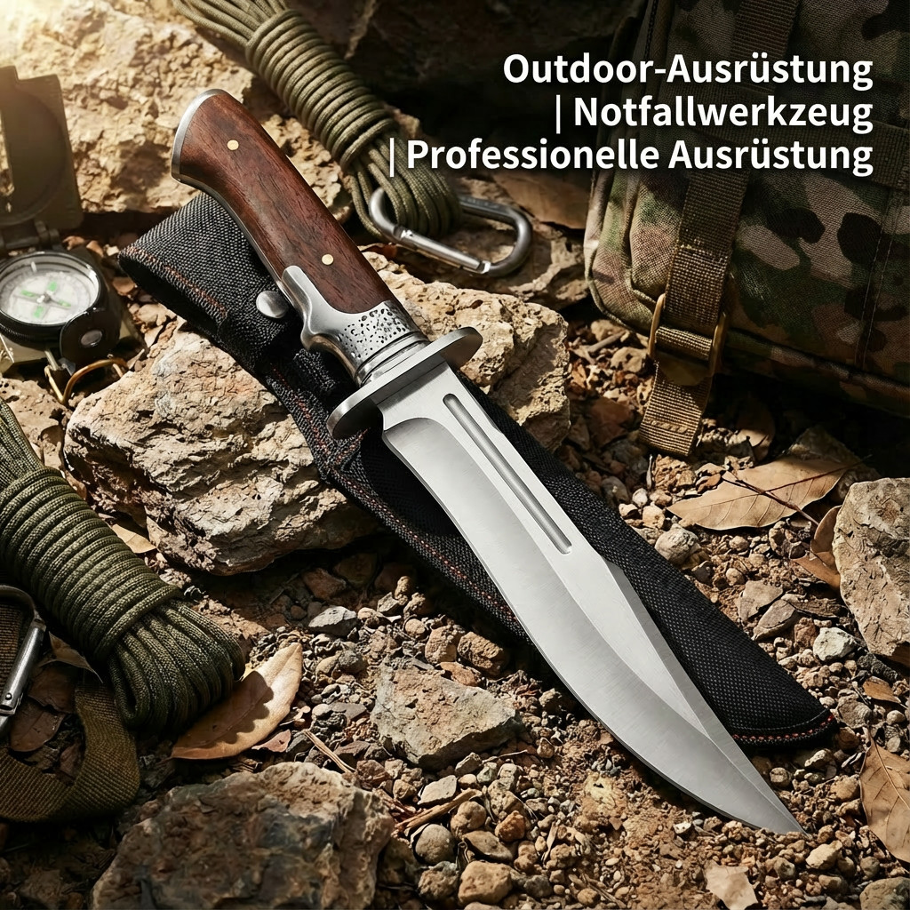 Outdoor Bowie Fixed Blade Knife - 5cr steel material, Wood Handle & Sheath