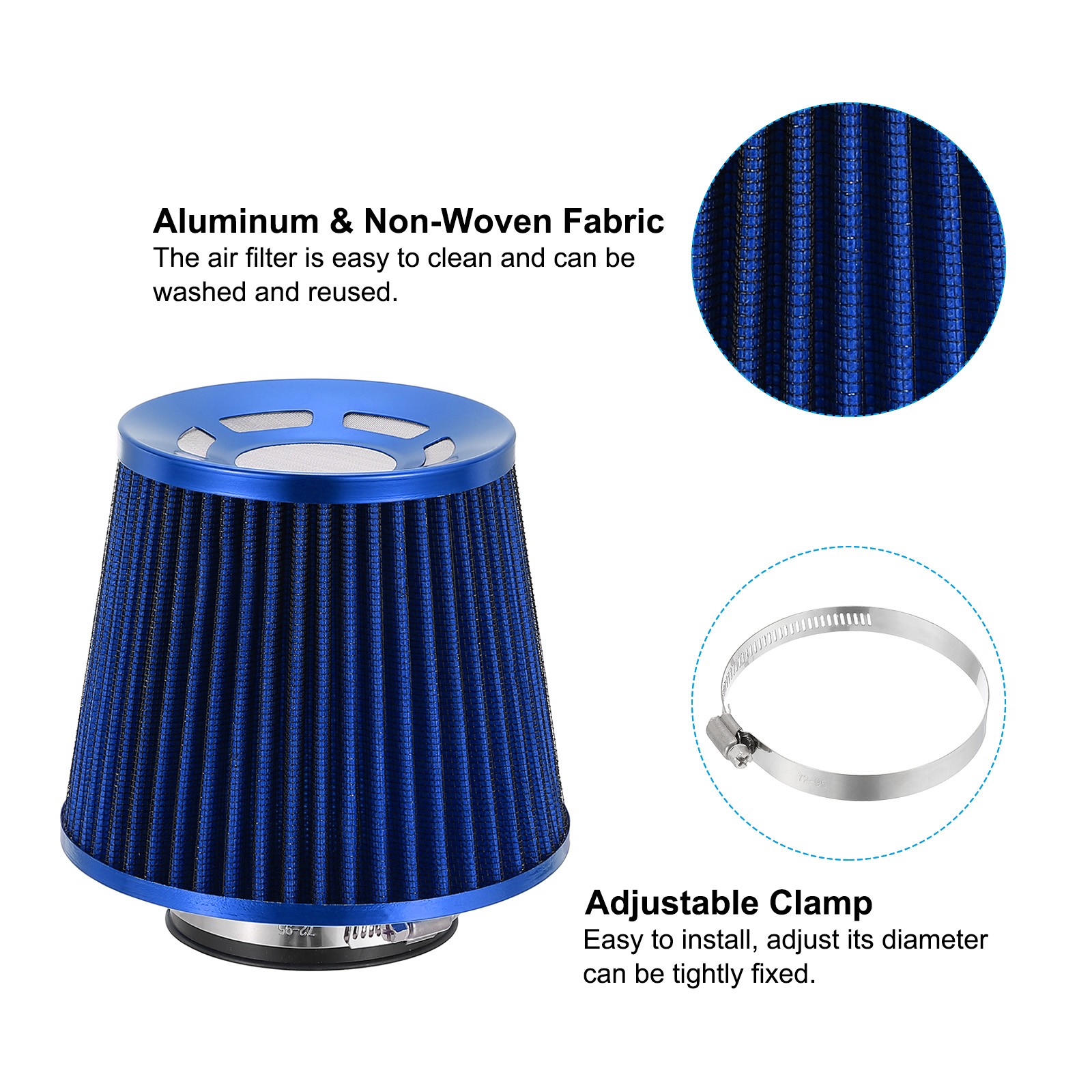 Clamp-On Dry Air Filter 3" (76mm) Cold Air Intake Cleaner Cone Replacement Blue