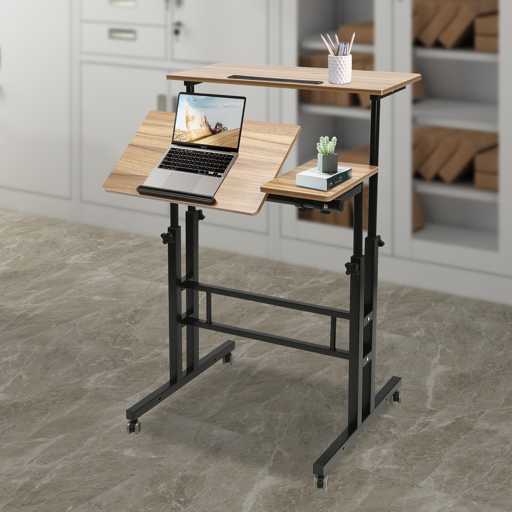 Rolling Laptop Desk Adjustable Height Computer Table Stand up Office Workstation