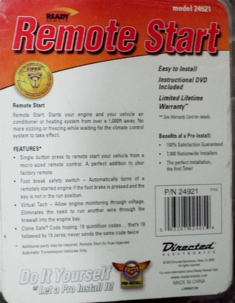 Ready Remote 24921 Remote Start System Basic Brand New Sealed