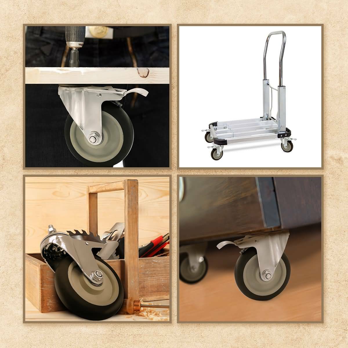 4 Pack 5 Inch Stem Caster Swivel w/ Front Brake Black PU Heavy Duty Caster Wheel