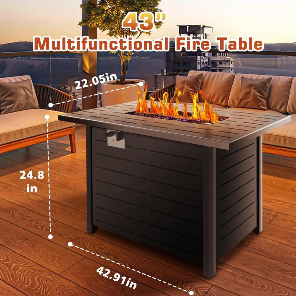 Fire Pit Propane Gas FirePit Table 43" Outdoor Rectangular Tabletop with Lid