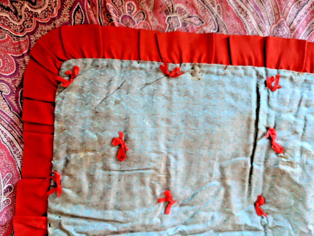 Antique silk squares patchwork quilt Victorian vintage 9 nine patch ruffle 55x40